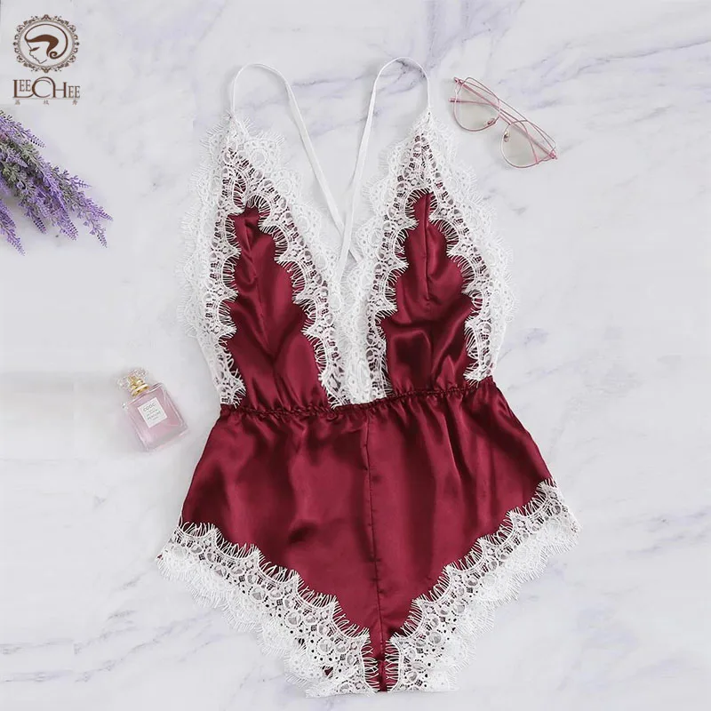 Leechee New Pajamas For Women Backless Onesie Pajamas Sleeveless Bodycon Jumpsuits Sleepwear Lace Romper Deep V Satin Nightwear