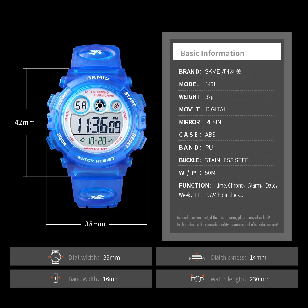 SKMEI 1451 Dropship Fashion Waterproof Children Boy Girl Watch Digital LED Watches  Alarm Date Sports Electronic Digital Watch 6