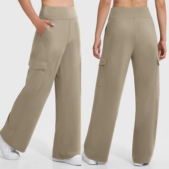 Kaki Casual Pants for Women Loose Straight Cargo Pants Versatile Wide Leg Pants With Pocket Summer Streetwear Trousers Female
