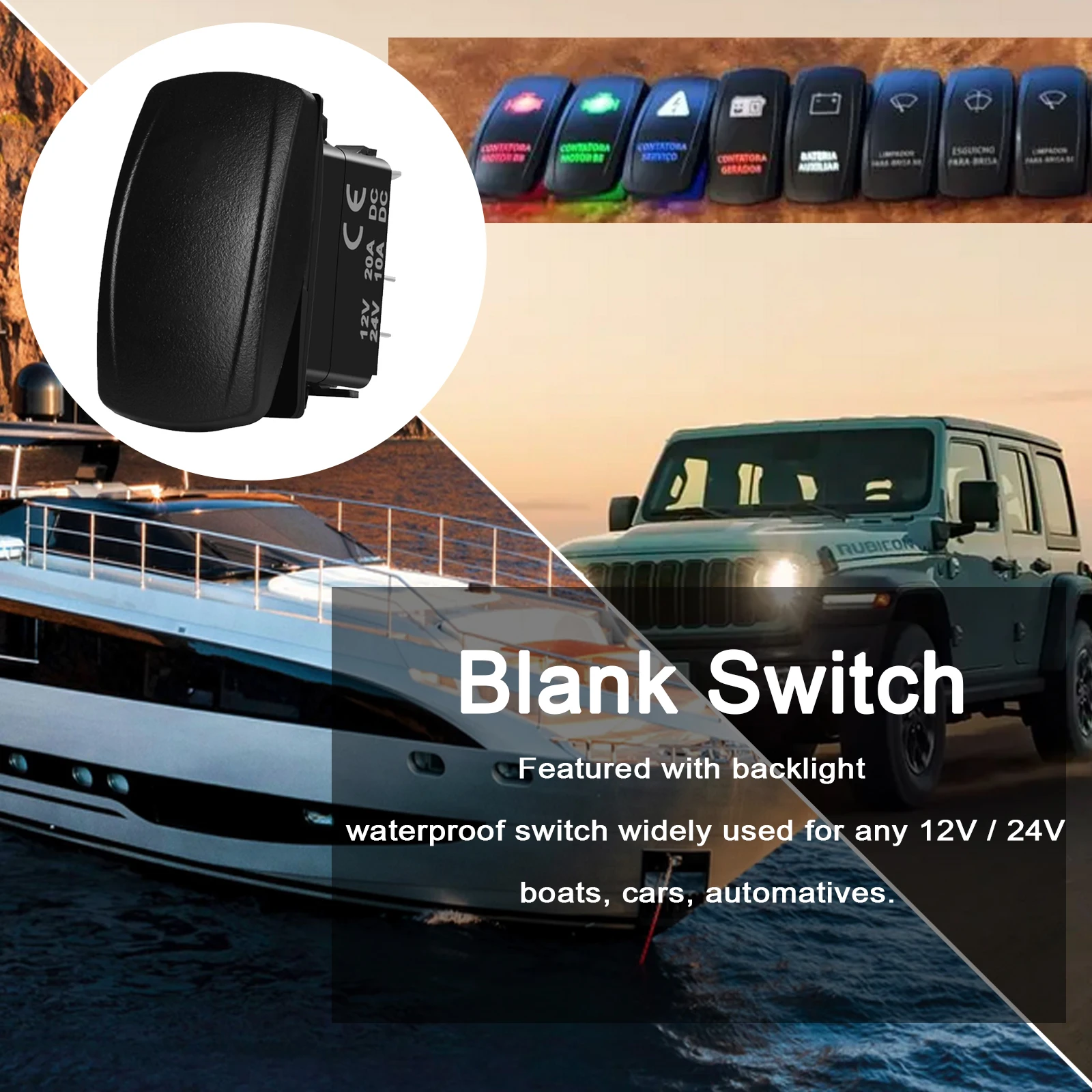 12V 24V Rocker Switch with Blank Button & backlight body Waterproof For Motorboats Ships Yatch Cars ATV