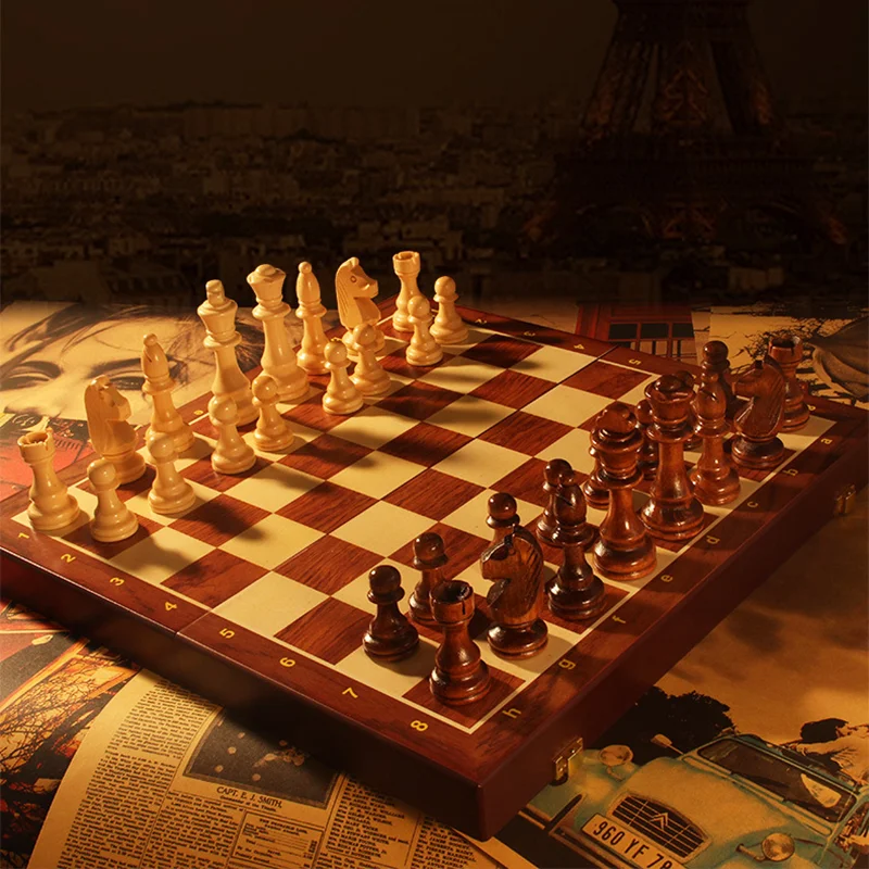 Wooden Chess Set Folding Chess Box With 34 Pieces Interior For Storage Portable Travel Board Game Set For Kid