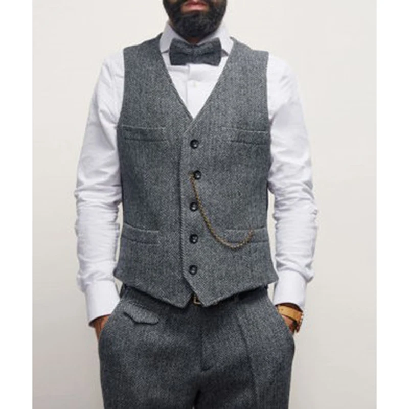 2023 Navy Blue Wool Tweed Male Suit for Winter Herringbone Groomsmen Wedding Tuxedos Formal Prom Party Men Clothes 3 Pieces 3