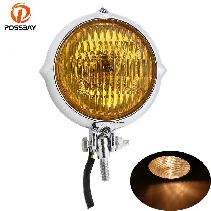 

POSSBAY Motorcycle Headlights Amber Light Chrome Motocross Head Lights 12V Cafe Racer ATV for Harley Chopper Sportster Softail