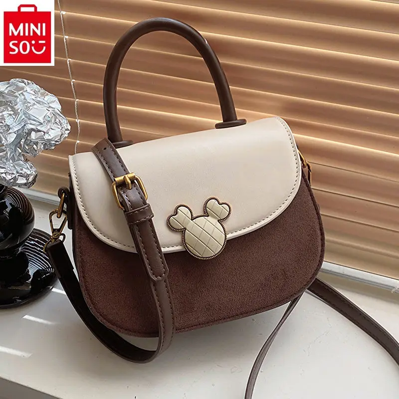 MINISO Disney Retro Fashion Mickey Lock Buckle Handbag for Women High Quality PU Classic Versatile Shoulder Small Round Bag