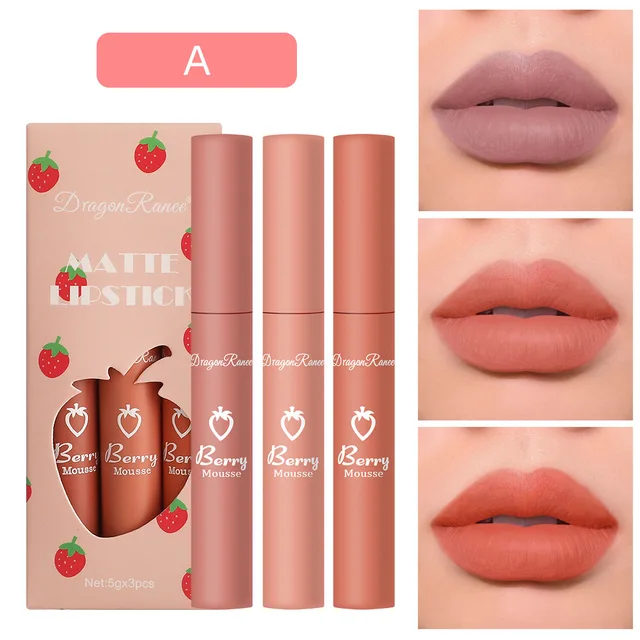 57198-5093e5.jpg 3 pcs Strawberry Lip Glaze Set Velvet Matte Liquid Lipstick Lipstick Non stick Cup