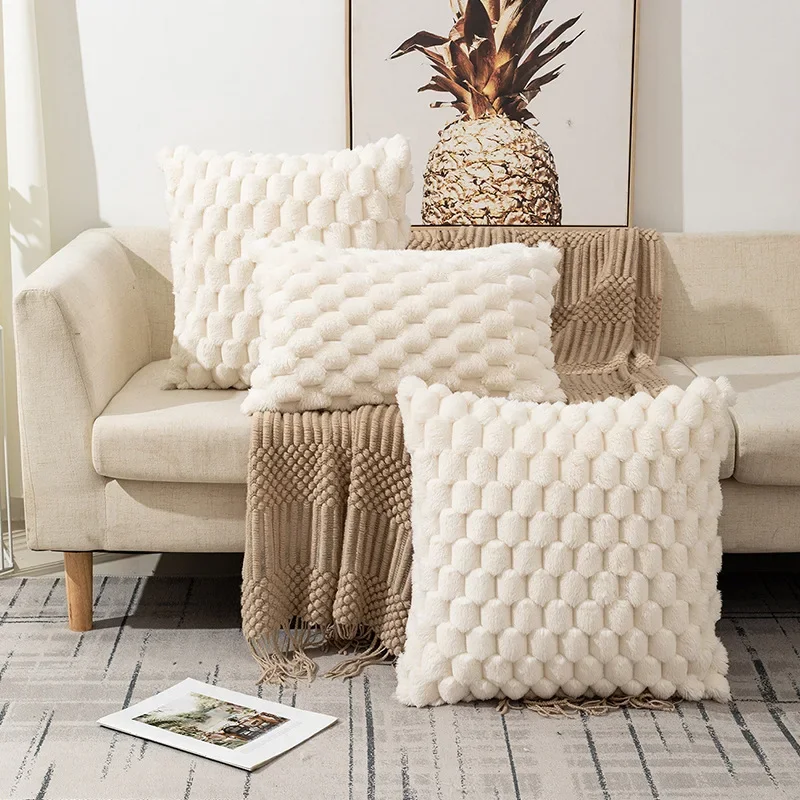 White textured plush pillow cover in square and lumbar shapes