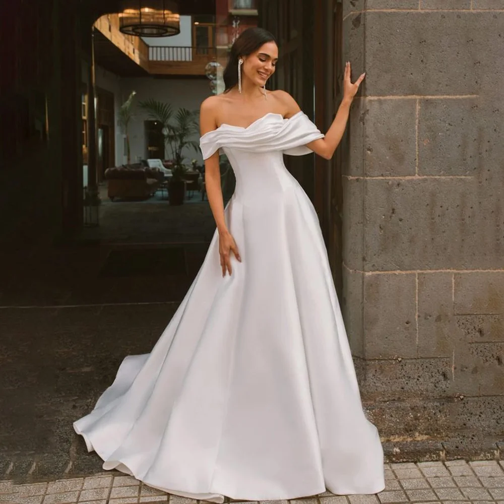 

Simple Off the Shoulder Wedding Dress for Women Pleat Sleeveless Evening Gown Court A-line Bridal Gown vestidos de novia