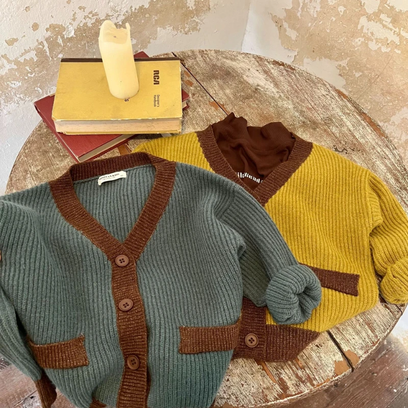 Children Sweater Boy Girl Contrast Knitted Cardigan Baby V-neck Sweater Coat Winter Baby Girl Cloth ملابس شتويه اطفال كنزة صوفية