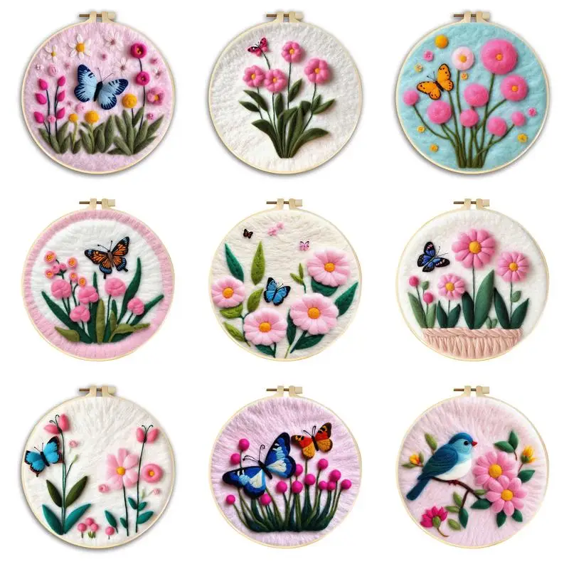 Bird Flower Needle Felt Starter Kits For Adults Diy Wool Felting Painting Beginners Kit Embroidery Frame Wool Needlework Crafts