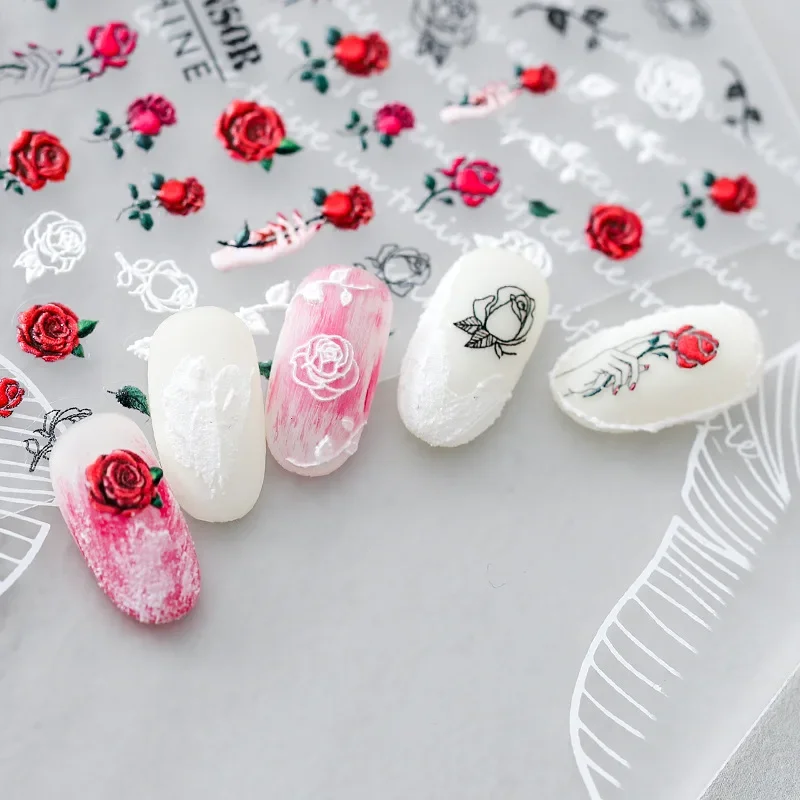

1 Sheet Japanese 5D Soft Embossed Nail Sticker Frosted Thin Three-dimensional Decal Self-adhesive Rose Flower Blue/Red TS149-150