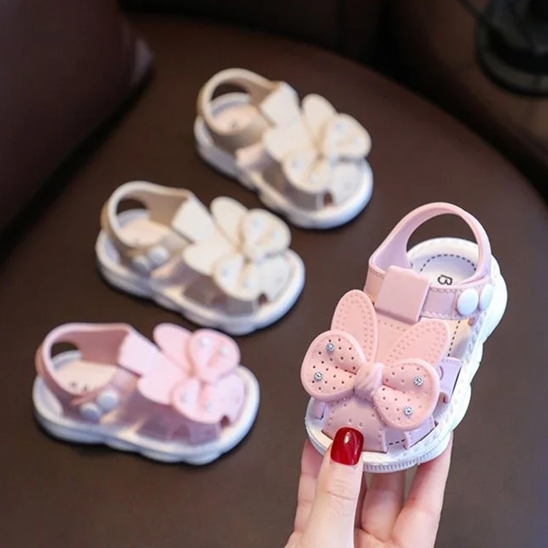 Summer Aged 0-3 Cute Bow Rhinestone Baby Shoes For Girls Non-Slip Soft-Soled Children Toddler Kids Sandals With Covered Toes