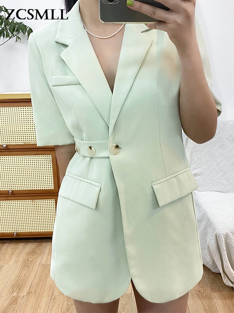 

ZCSMLL Mint Green Summer Blazer Women Single Button Short Sleeve Korean Fashion Summer Jacket Black Lapel Suits