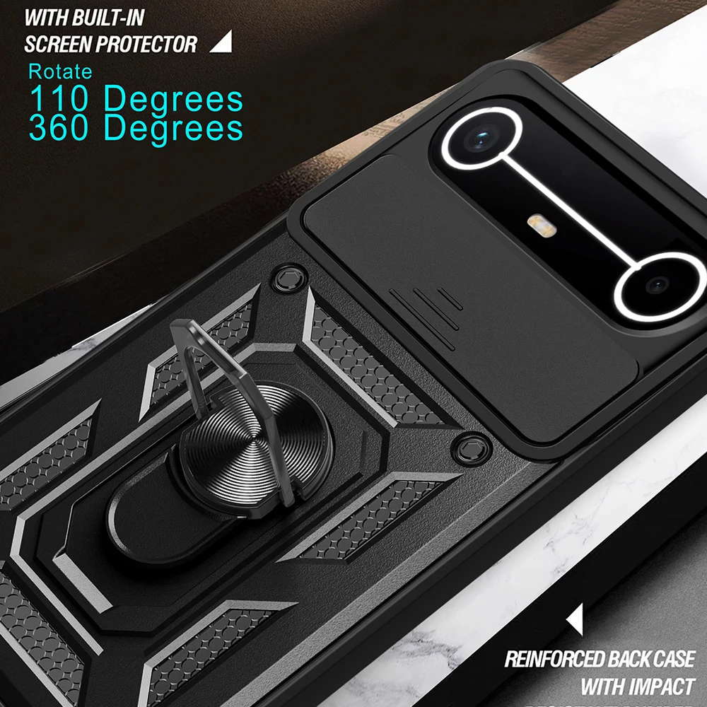 Slide Camera Cover with Ring Kickstand Holder - Full Protective Shockproof Phone Case