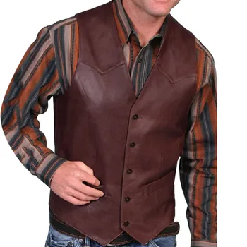 Men's Leather Vest V Neck Single-breasted Western Sleeveless Men Waistcoat Motorcycle Biker Leather Jacket Club Vest 1