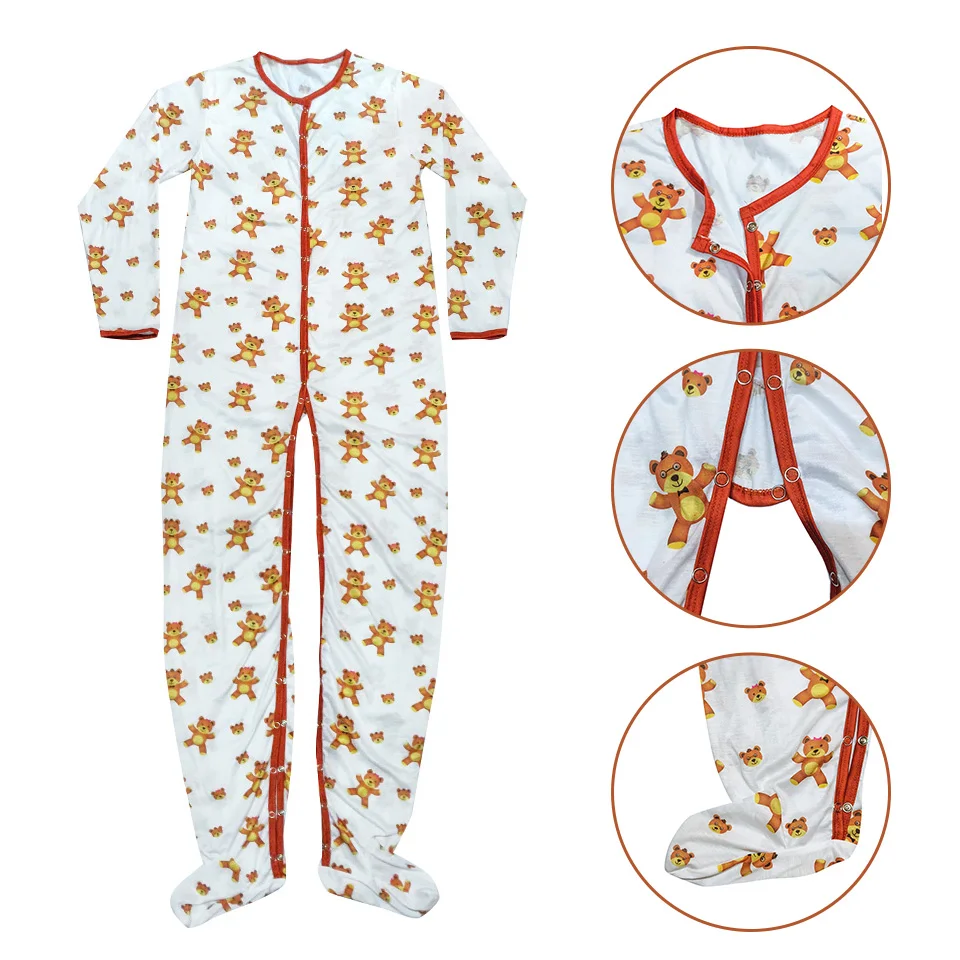 Cute Bear Printed Bodysuit With Foot DDLG Adult Onesie Sleepwear Long Romper Crotch Adult Baby Onesie With Button