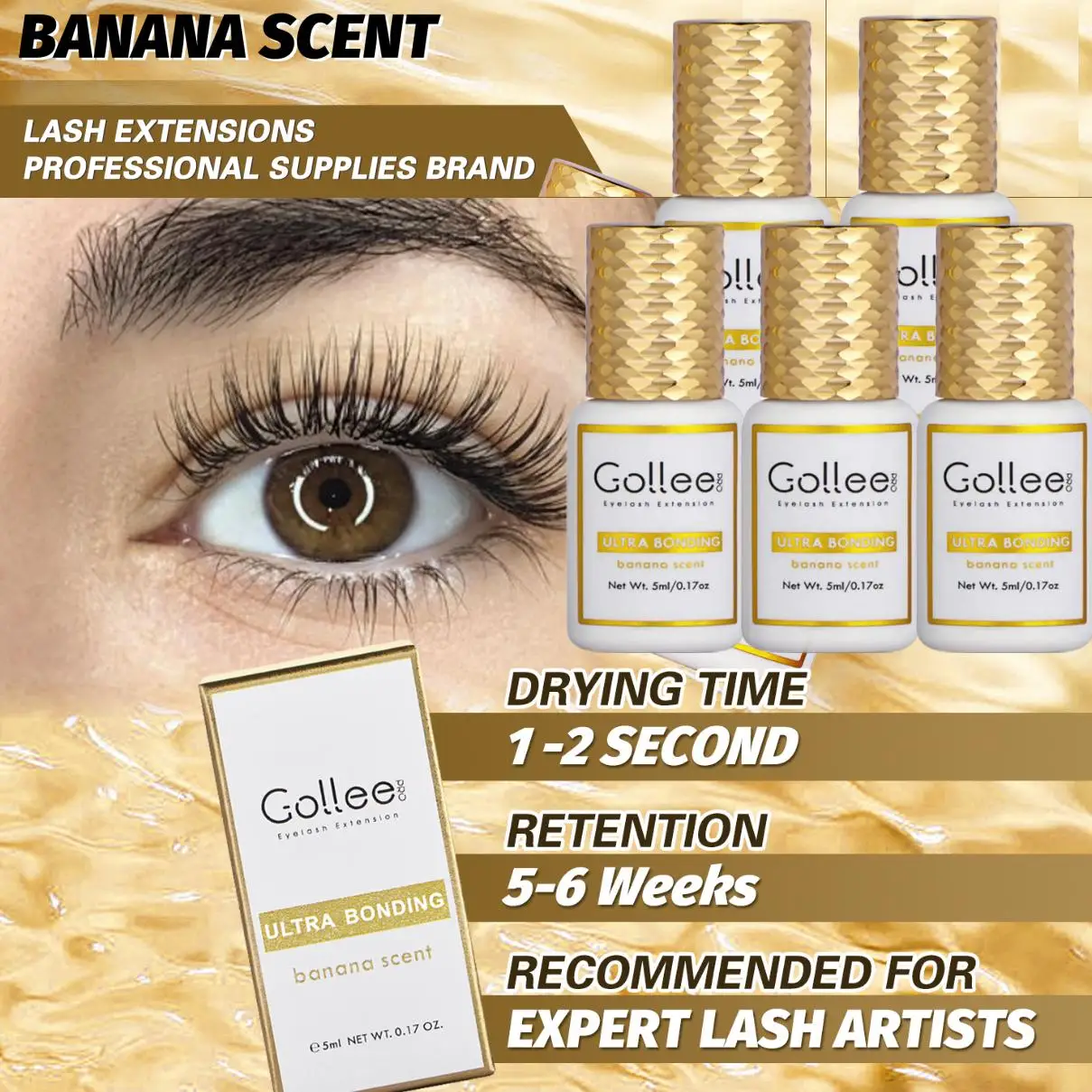 

Gollee Banana Scent Non-irritating Adhesive Eyelashes 1S dry Lash Gule with Lash Bonder Gule Eyelash Supplies 5pcs Wholesale