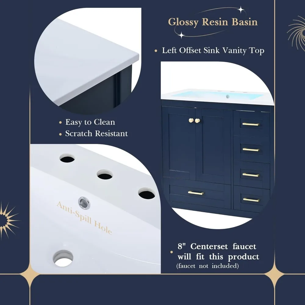36 Inch Bathroom Vanity with Sink Top,Freestanding Cabinet with 2 Doors & 4 Drawers,Solid Wood Frame, Counter top with Left Sink 6