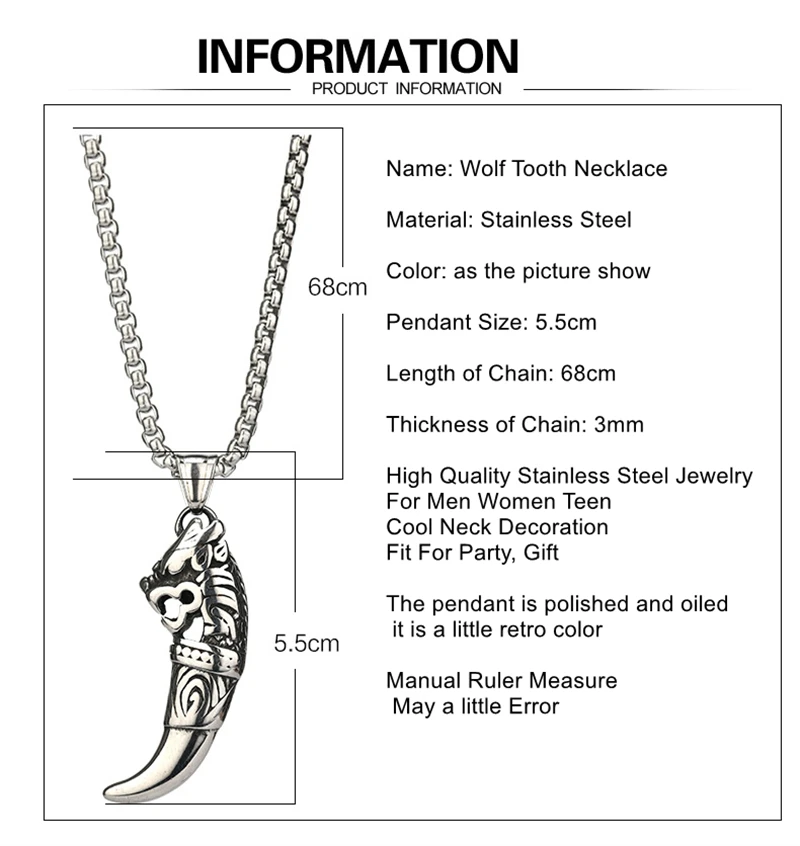 Retro Wolf Tooth Necklace Men Viking Norse Odin Rune Slavic Beast Totem Amulet Pendant Never Fade Stainless Steel Jewelry Gift