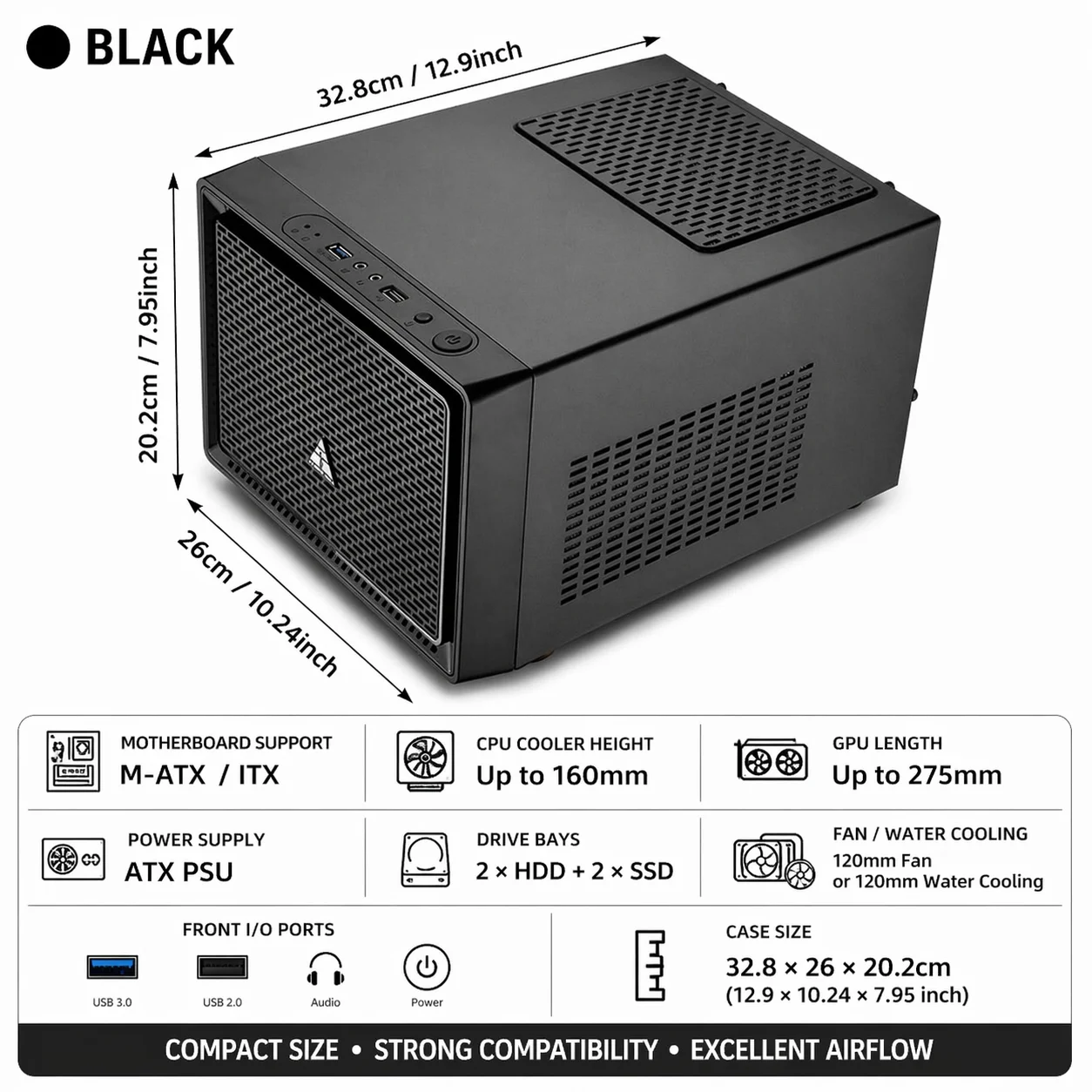 Mini MATX PC-Gehäuse Kompaktes Desktop-Computer-Chassis Unterstützt ATX-Netzteil ITX-Mainboard 275mm GPU 120mm Wasserkühlung