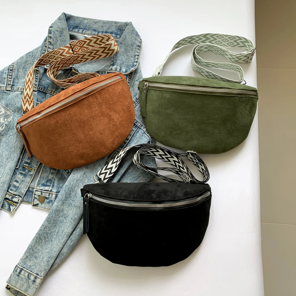 Women Faux Suede Crossbody Bag Wide Patterned Strap Shoulder Bag Solid Color Sling Bag for Work Travel