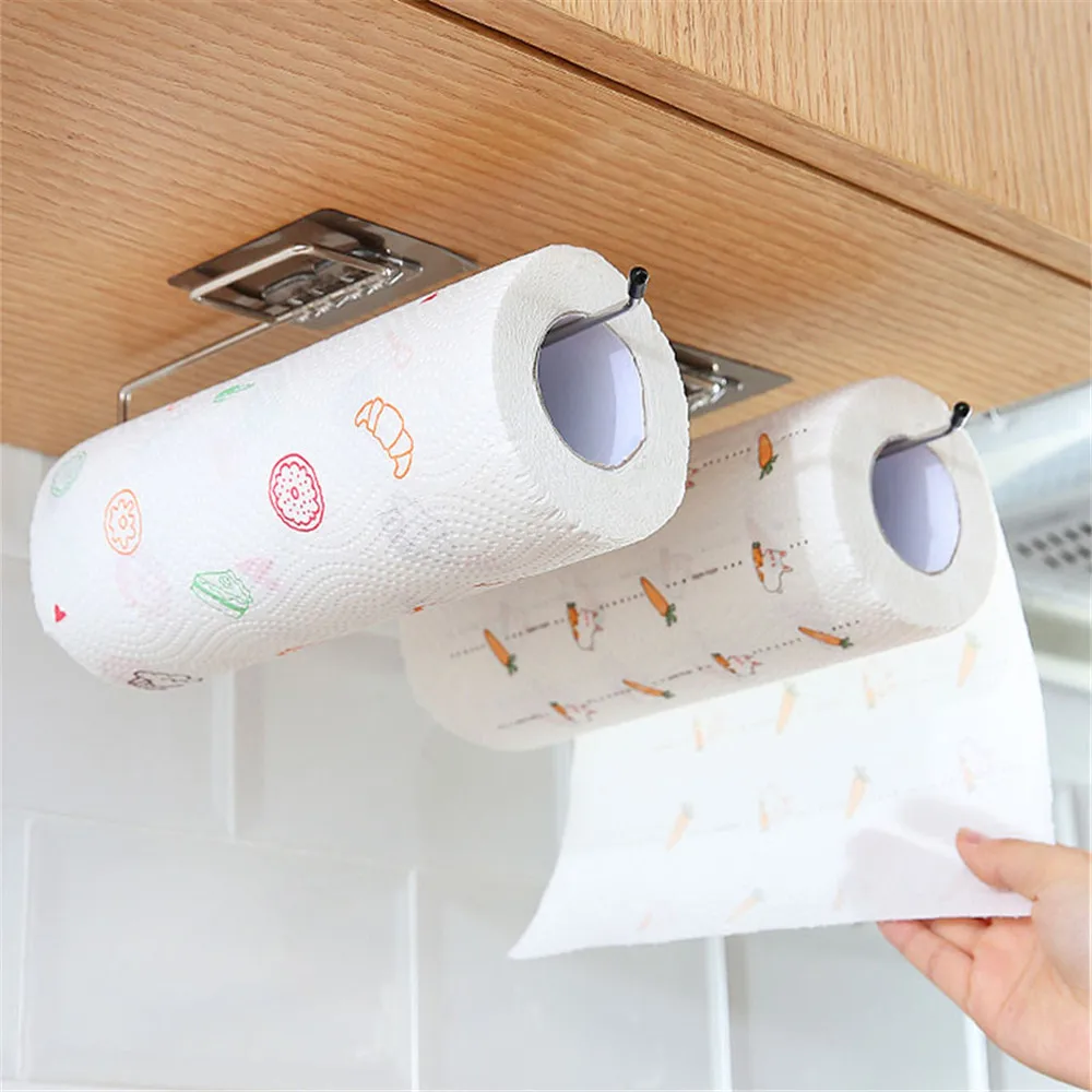 Self-adhesive Towel Holder Rack Kitchen Under Cabinet Towel Cup Paper Hanger Rack Organizer Bar Shelf Roll Holder Bathroom