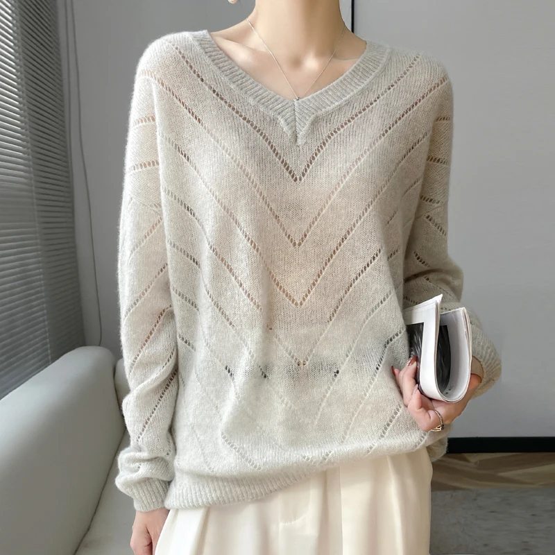 

100% Cashmere Sweater Women's Clothing Knitted V-neck Pullover Casual Loose Fashion Korean Lightweight Warm Female Jacket Top