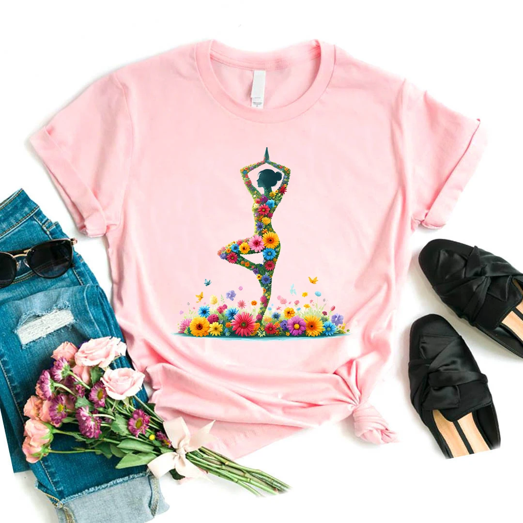Lustige T-Shirt Mädchen Blumen Yoga Schmetterling drucken rosa T-Shirt Frauen Meditation T-Shirt Femme ästhetische Kleidung lustige T-Shirt weiblich – Detail 8