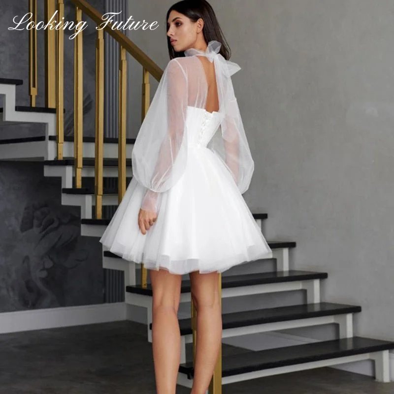White Short Wedding Dresses for Women 2025 Bride A Line Wedding Gown Long Puff Sleeve Illusion High Collar Sweetie Customized 11 S1440bb7cdfaf4b8db047bebefa5eda3bI