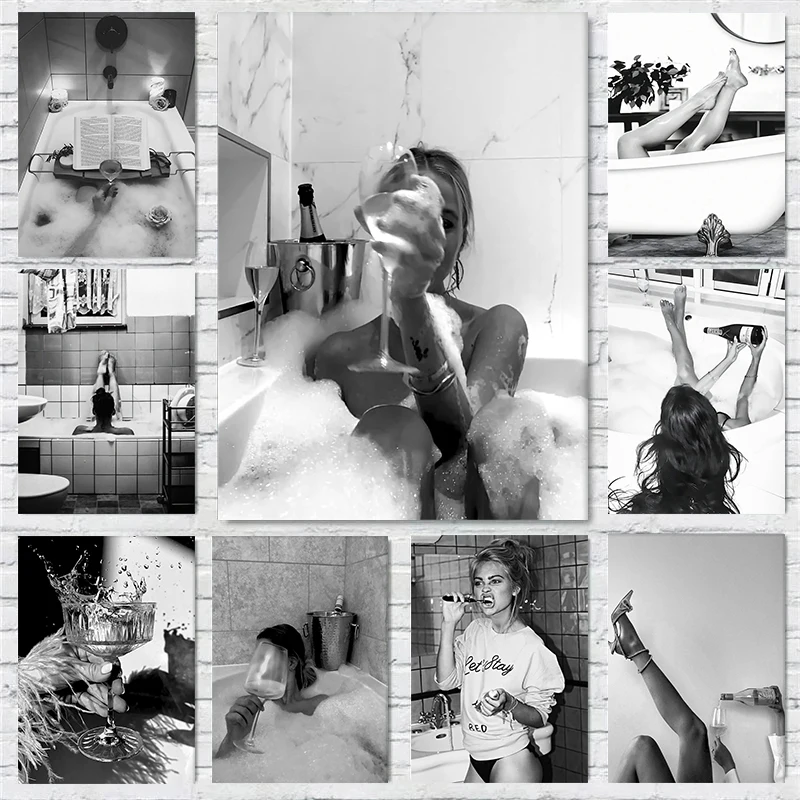 Woman Drinking Wine in Bathtub Bathroom Toilet Black and White Poster Wall Art Pictures Canvas Painting Living Room Home Decor
