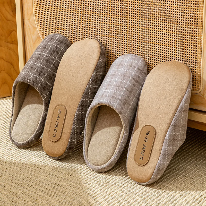 Men's Spring And Autumn Home Mute Slippers Plaid Design Bedroom Wood Floor Comfortable Soft Bottom Non-slip Mute Couple Style - 3