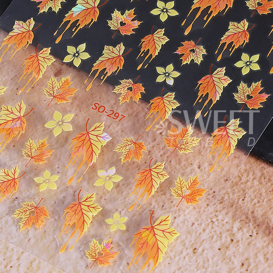 2pcs Autumn Winter Maple Leaf Nail Stickers 3D Gradient Fallen Leaves Petals Design Self-Adhesive Nail Decal Manicure Decoration