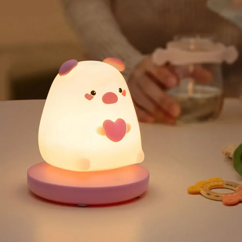 어린이 침실용 LED 야간 조명, 귀여운 동물 돼지 토끼 실리콘 램프, 터치 센서, 조도 조절, 어린이 휴일 선물, 충전식