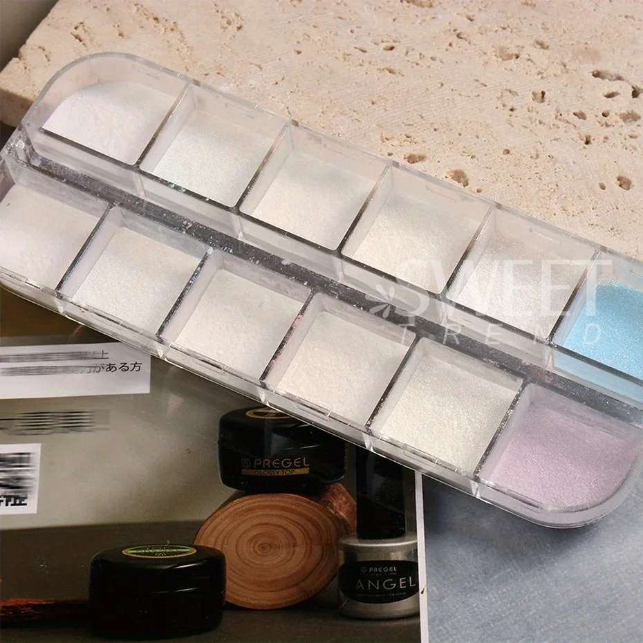 12 Grid Fairy Mermaid Nail Glitter Powder White Gloss Pearl Pigment Colorful Mirror Gel Polish Chrome Dust Winter Manicure Decor