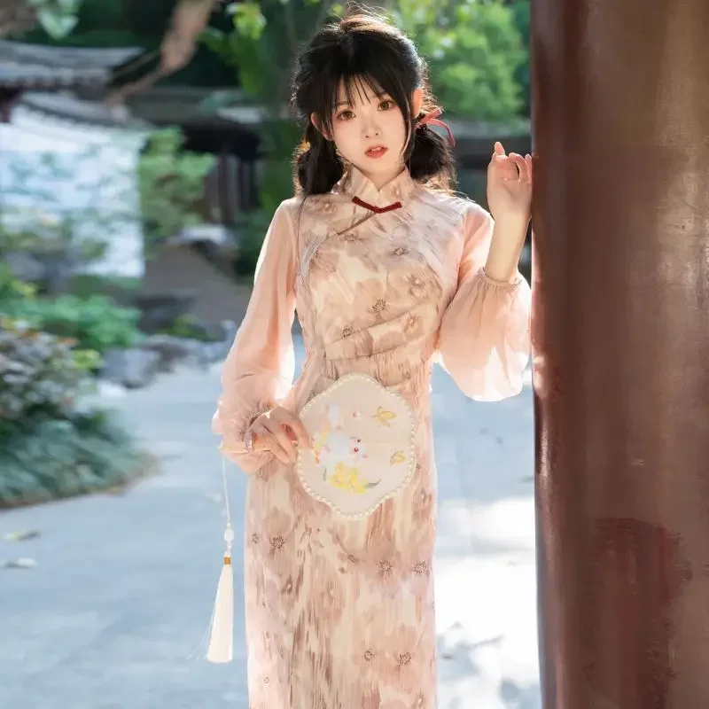 

Chinese Traditional Cheongsam Qipao Long Sleeved Improved Dress Medium Length Chiffon Dress Autumn Women's Clothing Retro