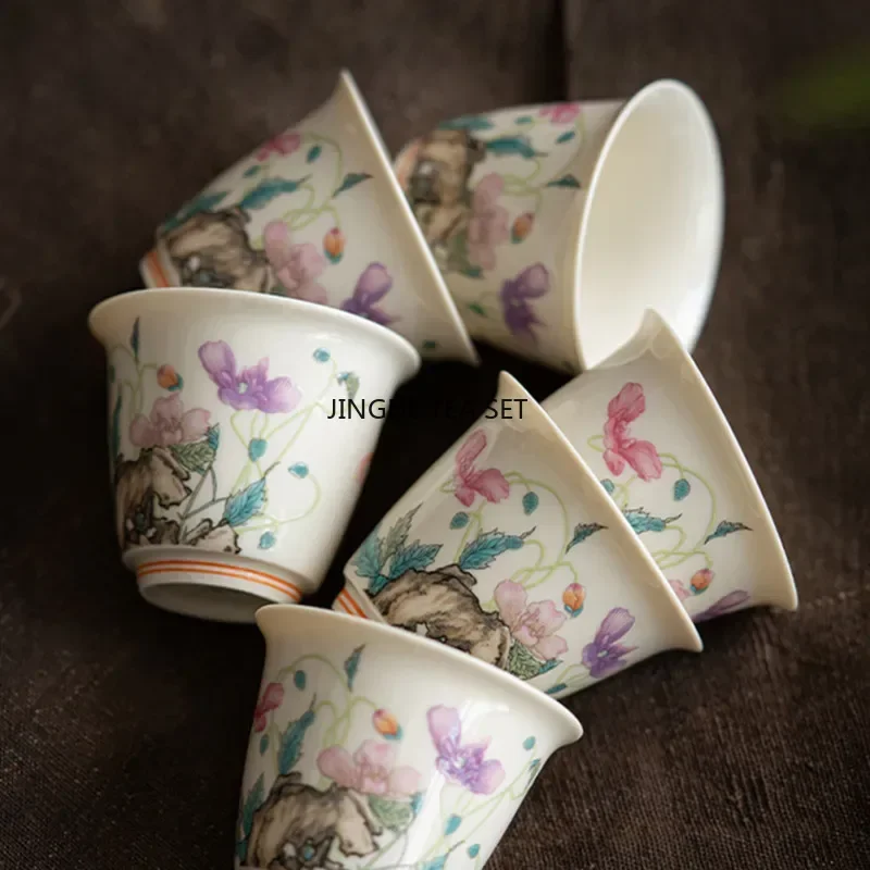 1 Chinese retro handmade ceramic tea cup travel hand-painted flower porcelain tea bowl Kung Fu tea set