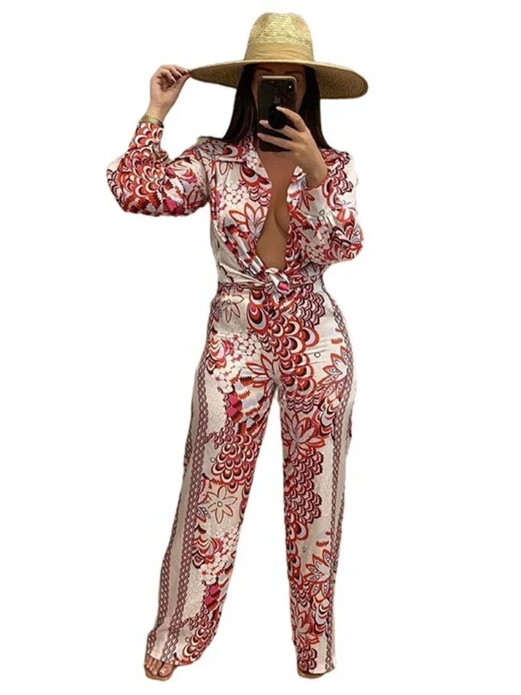 Wmstar Two Piece Set Women Autumn New Retro Printed Fashionable Casual Shirt Set Long Sleeved Pants Wholesale Dropshpping 2024