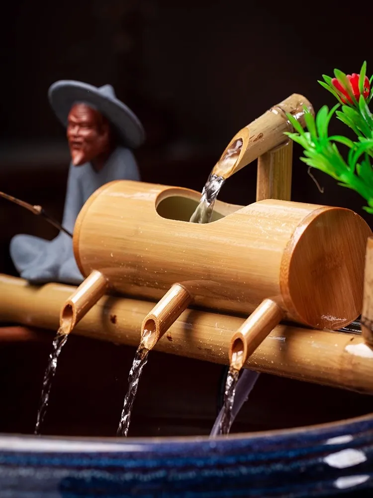 Bamboo Aquarium Water Recycling Feng Shui Decoration Tube Water Fountain Stone Trough Filter Office Desktop Furnishings