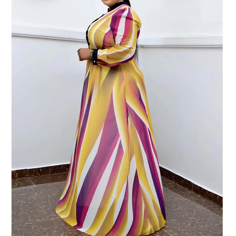 Spring Autumn Tie Dye Striped O-Neck Color Contrast Fashion Trend Sashes Long Sleeve Large Floor-Length Dresses Plus Size Female