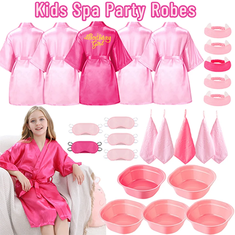 

5/8/12Sets Spa Party for Girls Birthday Girl Robes Party Favors Kimono Spa Robe with Eye Mask Basin Hairband Towel Slumber