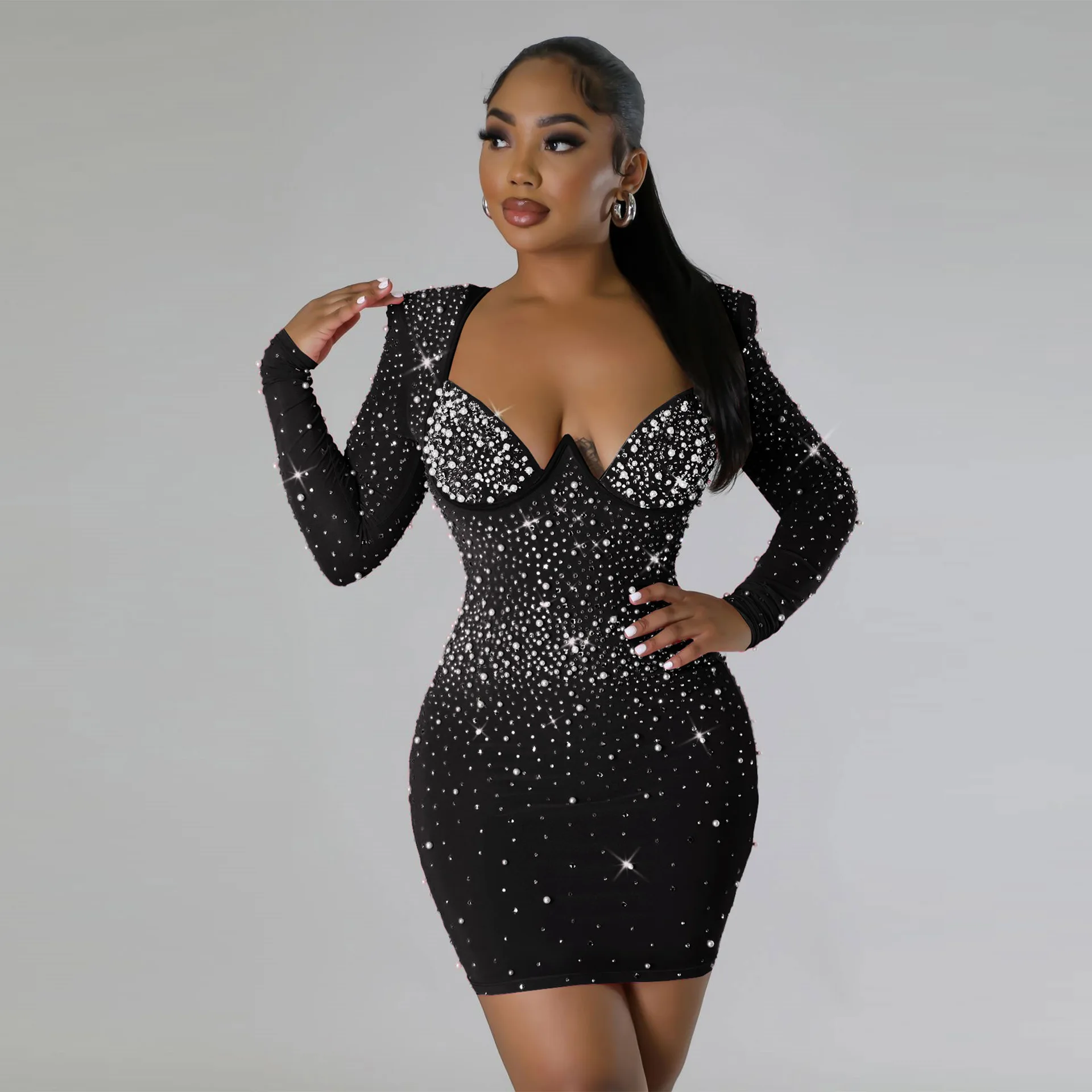 

Zoctuo Luxury Birthday Dresses For Women 2023 Glam Elegant Party Sparkly Rhinestones Long Sleeve Bodycon Rose Pink Short Dress