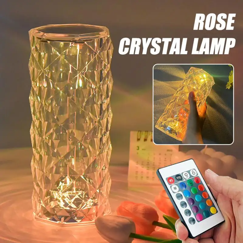 Led Crystal Table Light Rose Lamp Projector Warm Light Touch Adjustable ...