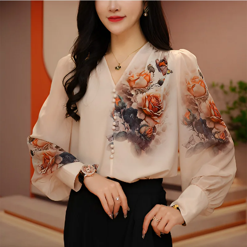 2024 New Summer Elegant Fashion Bohemian Loose Casual Office Lady Women's Shirt Solid Button V Neck Long Sleeve Chiffon Y2K tops