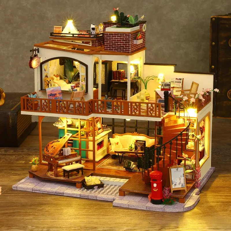 

Diy Wooden Casa Doll House Miniature Building Kit With Furniture Light Modern Loft Villa Dollhouse Toys For Adults Birthday Gift