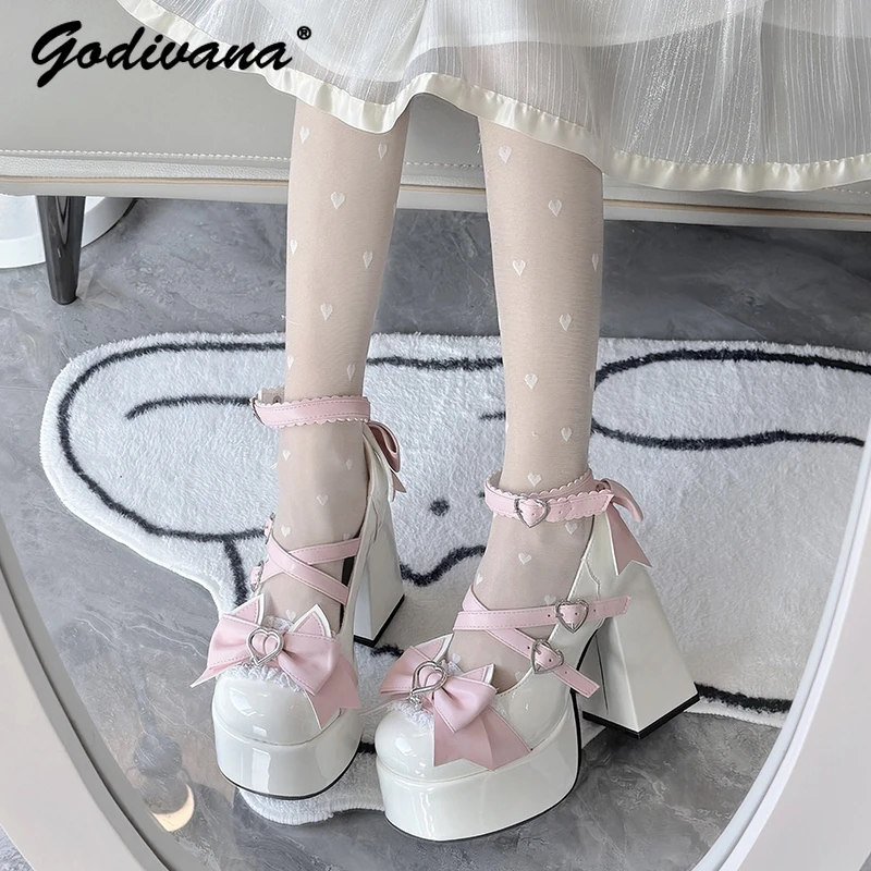 

Original Round Toe Lolita Shoes Japanese Sweet Cute Girls Love Bow Patent Leather Chunky Heel Lolita Women's Pump High Heels