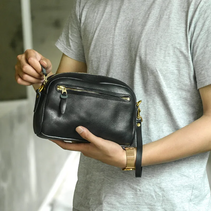 Fashion high quality genuine leather men's black small shoulder bag daily outdoor real cowhide multifunction crossbody bags
