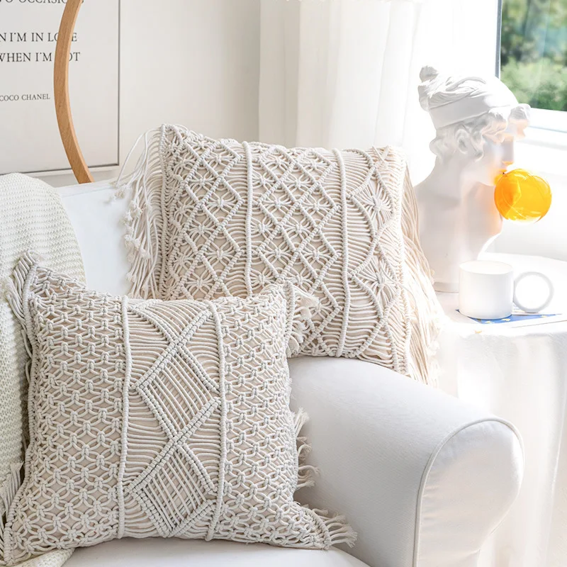 European Style Bohemian Handwoven Pillow Cushion Tassel Sofa Pillowcase  Backrest Pure Cotton Thread handmade Crocheted pillows - AliExpress