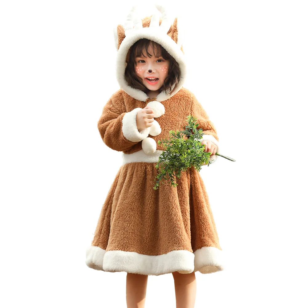 

Christmas Clothing Cute Reindeer Animal Cos Dress Khaki Elk Loose Pajamas Kid Sweet Elk Cosplay Dresses Flannel Hoodied Cloak