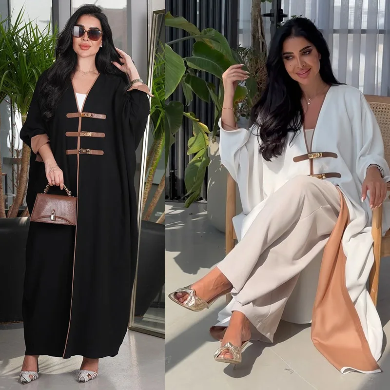 

Abaya For Women Ramadan Gurban Women Cardigan Leather Button Abaya Turkey Color Matching Arabic V-neck Caftan Kaftan Clothing