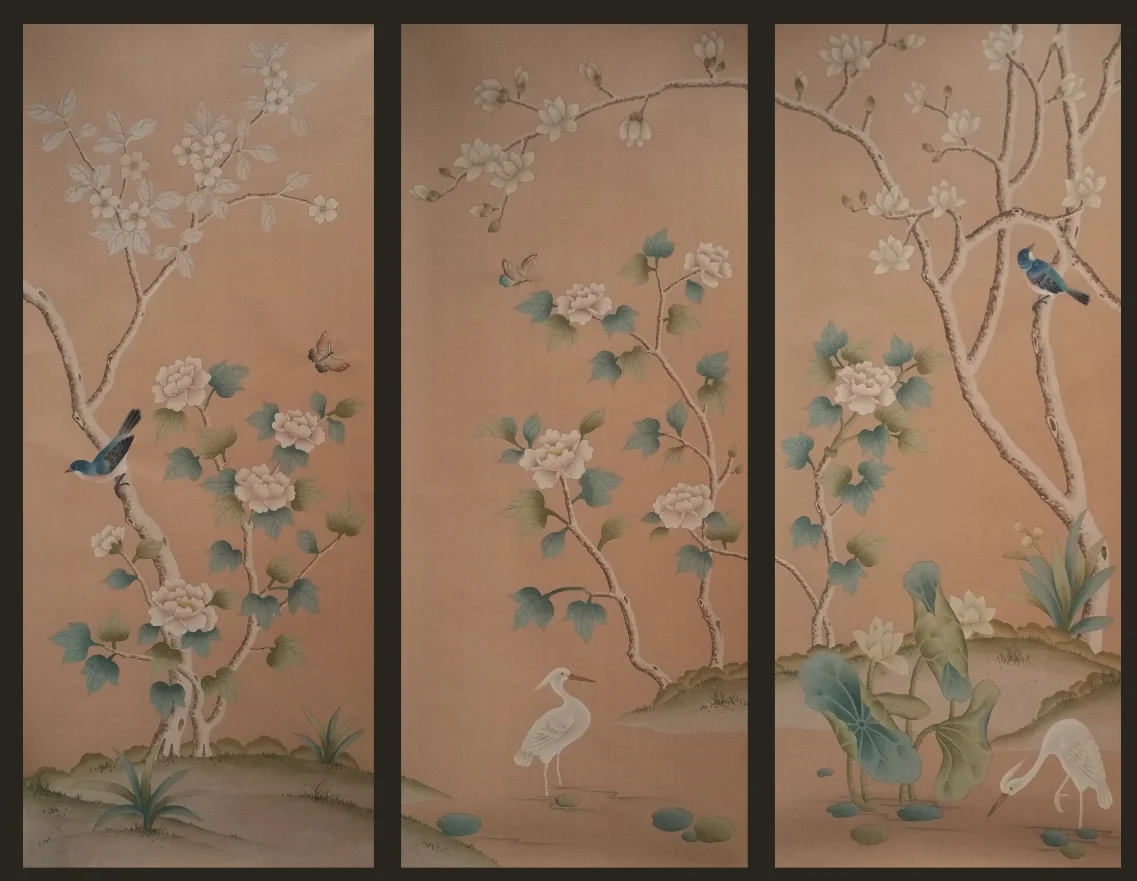 Customized Hand-Painted peony flowers with birds paintings/Wallpaper Bedroom/Living/study/Dinning/Sofa/TV backing wallcovering