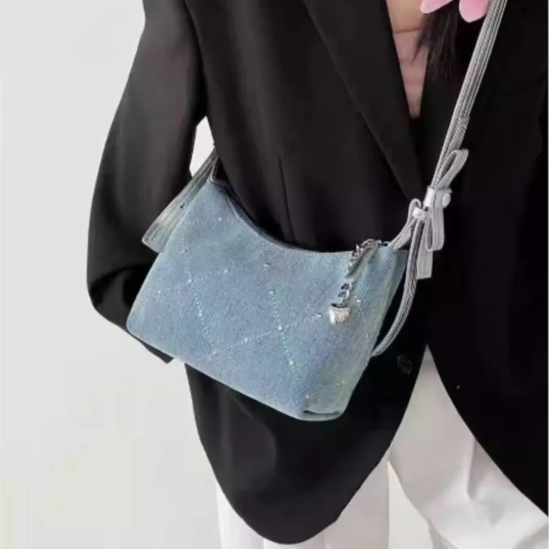 JIAERDI Blue Hotfix Denim Handbag Women Vintage Diamond Stitching Bow Underarm Bag Ladies Hot Girl Y2k Aesthetics Crossbody Bag